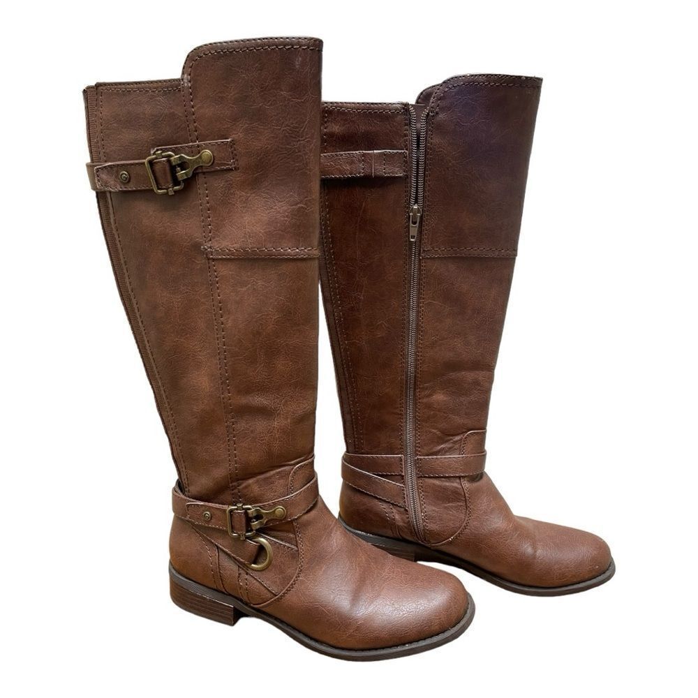GUESS Knee High Brown Zip-Up Faux Leather Boots Size 9.5 EUC Classic Biker
